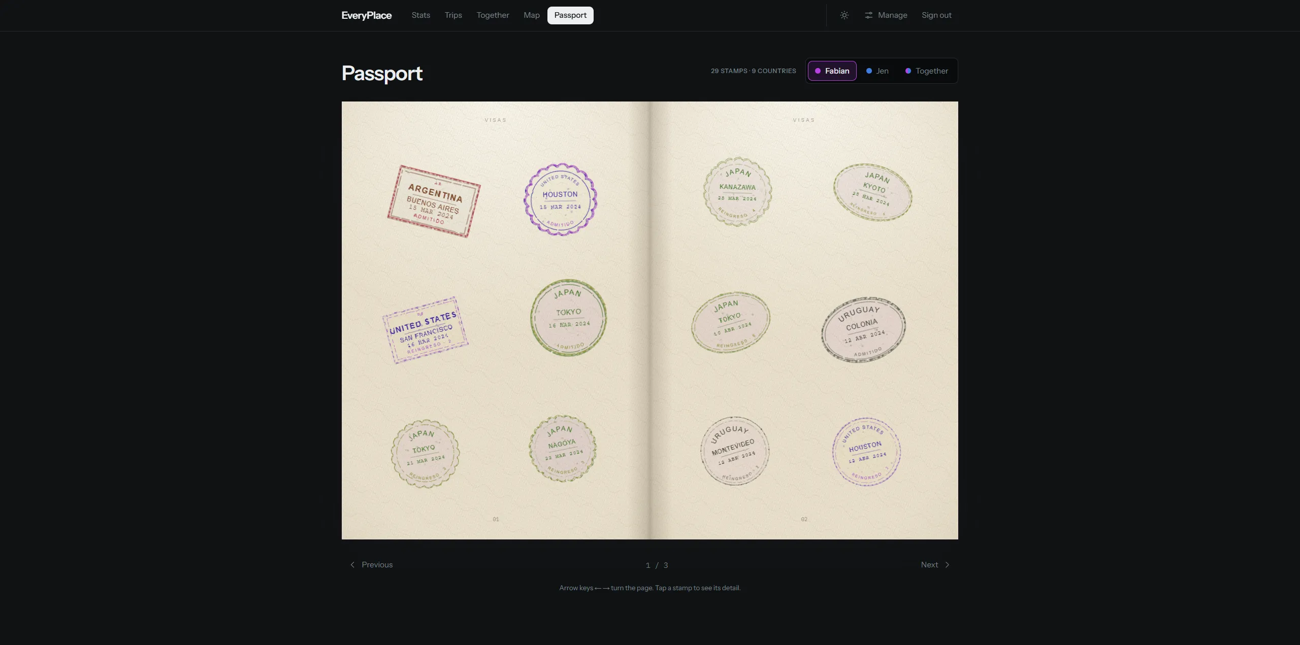 The passport view: two open pages of procedurally generated entry stamps for Argentina, the United States, Japan and Uruguay